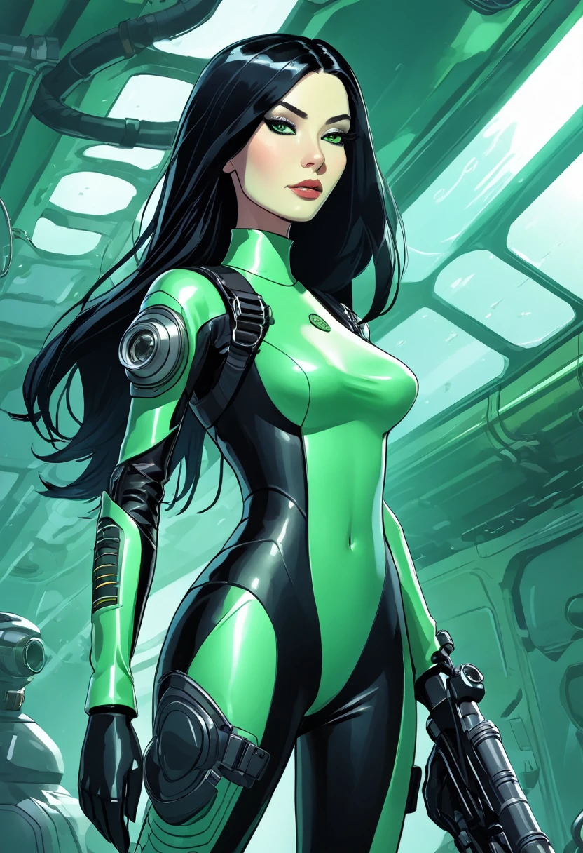 cartoon thin woman, long neck, long black hair, pale green skin, wearing a sci-fi diving suit. she is armed with an arm cannon