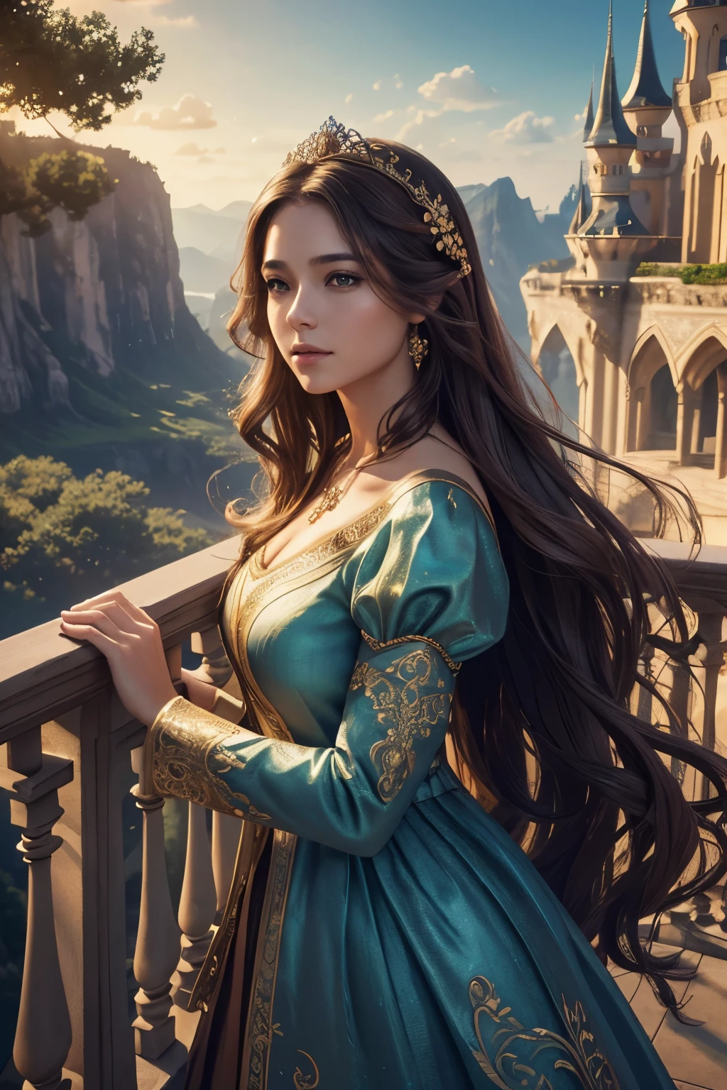 a beautiful princess standing on a balcony, long wavy brown hair, delicate facial features, elegant dress, glowing skin, serene expression, fantasy castle background, warm sunlight, detailed ornate architecture, lush gardens, vibrant colors, (best quality,4k,8k,highres,masterpiece:1.2),ultra-detailed,(realistic,photorealistic,photo-realistic:1.37),intricate details,cinematic lighting,dramatic composition,breathtaking scenery,fantasy art,digital painting