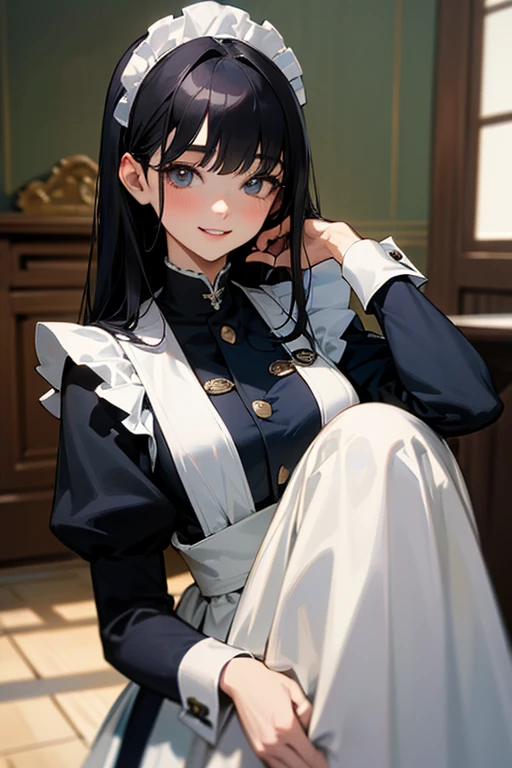 (Highest Resolution, clear_image) Highest quality, One woman, alone, masterpiece, Very detailed, Semi-realistic, Black Hairのショートヘア, Black Hair, bangs, 18-year-old, mature, light blue uniform, uniform, Indoor Background, kind, Authoritative, Powerful, exquisite features, exquisite features、Eyelashes become longer、Showing teeth、smile😀、Maid clothes、woman'Fingers in the、Sleeping on the sofa、Long Hair、Fluttering in the wind、Navy blue clothes、Long Hair、I'Carrying the plate、Long Hair、Laugh gently、Braid、