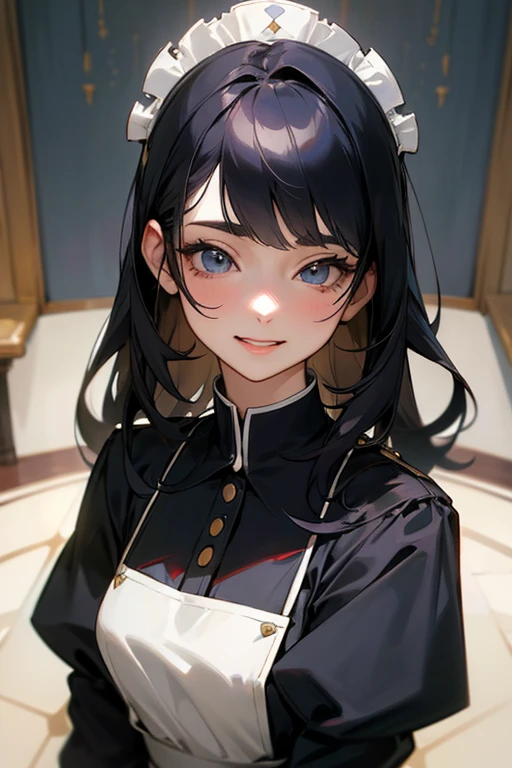 (Highest Resolution, clear_image) Highest quality, One woman, alone, masterpiece, Very detailed, Semi-realistic, Black Hairのショートヘア, Black Hair, bangs, 18-year-old, mature, light blue uniform, uniform, Indoor Background, kind, Authoritative, Powerful, exquisite features, exquisite features、Eyelashes become longer、Showing teeth、smile😀、Maid clothes、woman&#39;Fingers in the、Sleeping on the sofa、Long Hair、Fluttering in the wind、Navy blue clothes、Long Hair、I&#39;Carrying the plate、Long Hair、Laugh gently、Braid、