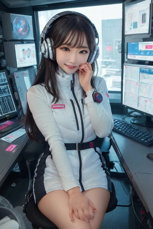 masterpiece, Highest quality, Very detailed, 8K Portrait,Japanese Android Girl,plump , Control panel,Robotic arms and legs, Blunt bangs,,break (Metallic Gray, Metallic luster, Mirror finish, Astro Best):5,headphone:5,break (Black sleeves):100,Smart Watches,Futuristic space station,Control Room,break headphone,blue eyes,(Black Hair):2,(Long Hair):1.3,Displaying the viewer,(respirator),break blush:3,Hidden Hand,smile
