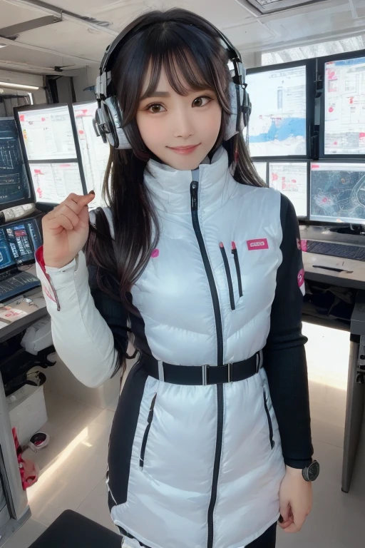 masterpiece, Highest quality, Very detailed, 8K Portrait,Japanese Android Girl,plump , Control panel,Robotic arms and legs, Blunt bangs,,break (Metallic Gray, Metallic luster, Mirror finish, Astro Best):5,headphone:5,break (Black sleeves):100,Smart Watches,Futuristic space station,Control Room,break headphone,blue eyes,(Black Hair):2,(Long Hair):1.3,Displaying the viewer,(respirator),break blush:3,Hidden Hand,smile