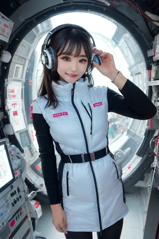 masterpiece, Highest quality, Very detailed, 8K Portrait,Japanese Android Girl,plump , Control panel,Robotic arms and legs, Blunt bangs,,break (Metallic Gray, Metallic luster, Mirror finish, Astro Best):5,headphone:5,break (Black sleeves):100,Smart Watches,Futuristic space station,Control Room,break headphone,blue eyes,(Black Hair):2,(Long Hair):1.3,Displaying the viewer,(respirator),break blush:3,Hidden Hand,smile