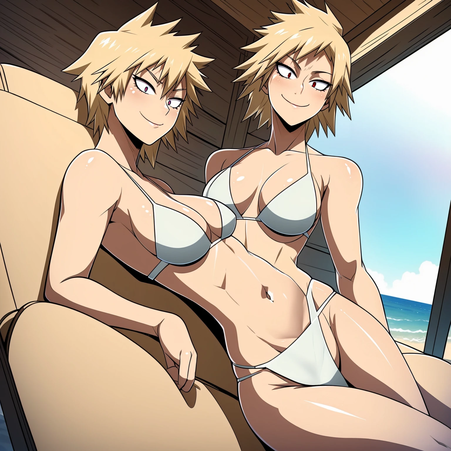 m1tsuk1, ((short blonde hair, , glowing red eyes, makeup, narrow waist, skinny, medium breasts)), pelvic curtain, ((white bikini)), full body, perfect body, (insanely detailed, beautiful detailed face, masterpiece, best quality) , (((solo))), (((1girl))), (((mature))), (extremely detailed 8k paper CG wall unit: 1.1), (beach, beach chair, dusk), (smile face for the viewer), holding ice cream,