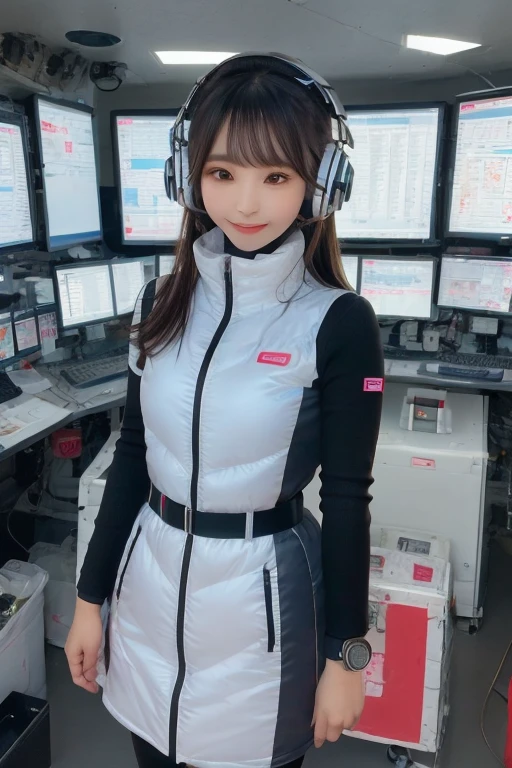 masterpiece, Highest quality, Very detailed, 8K Portrait,Japanese Android Girl,plump , Control panel,Robotic arms and legs, Blunt bangs,,break (Metallic Gray, Metallic luster, Mirror finish, Astro Best):5,headphone:5,break (Black sleeves):100,Smart Watches,Futuristic space station,Control Room,break headphone,blue eyes,(Black Hair):2,(Long Hair):1.3,Displaying the viewer,(respirator),break blush:3,Hidden Hand,smile