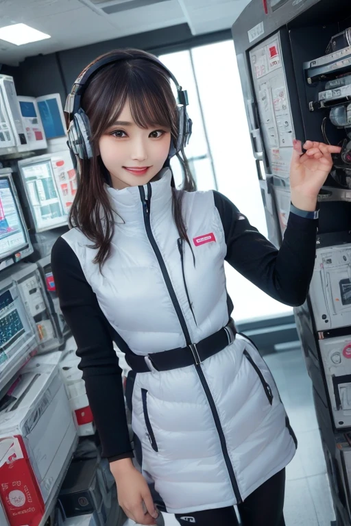 masterpiece, Highest quality, Very detailed, 8K Portrait,Japanese Android Girl,plump , Control panel,Robotic arms and legs, Blunt bangs,,break (Metallic Gray, Metallic luster, Mirror finish, Astro Best):5,headphone:5,break (Black sleeves):100,Smart Watches,Futuristic space station,Control Room,break headphone,blue eyes,(Black Hair):2,(Long Hair):1.3,Displaying the viewer,(respirator),break blush:3,Hidden Hand,smile