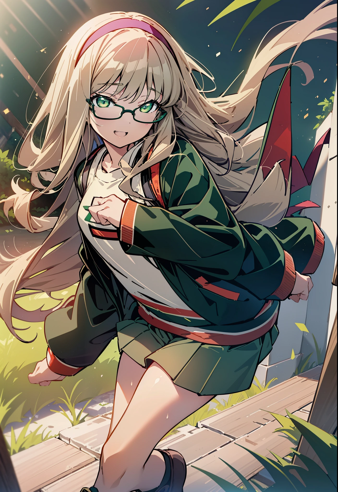 minami yume ,sss Dynazenon ,Long Hair, Brown Hair, (Green Eyes:1.5) ,Center of chest,hair band,happy smile, smile, Open your mouth, Black-rimmed glasses,Oversized red hoodie,Blue long skirt,short boots,Walking,whole bodyがイラストに入るように
break looking at viewer, whole body,
break outdoors, Building district,
break (masterpiece:1.2), Highest quality, High resolution, unity 8k wallpaper, (shape:0.8), (Beautiful and beautiful eyes:1.6), Highly detailed face, Perfect lighting, Extremely detailed CG, (Perfect hands, Perfect Anatomy),