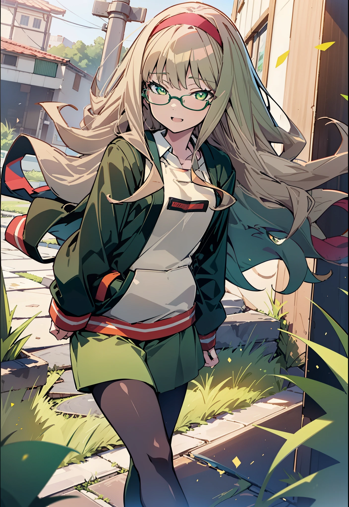 minami yume ,sss Dynazenon ,Long Hair, Brown Hair, (Green Eyes:1.5) ,Center of chest,hair band,happy smile, smile, Open your mouth, Black-rimmed glasses,Oversized red hoodie,Blue long skirt,short boots,Walking,whole bodyがイラストに入るように
break looking at viewer, whole body,
break outdoors, Building district,
break (masterpiece:1.2), Highest quality, High resolution, unity 8k wallpaper, (shape:0.8), (Beautiful and beautiful eyes:1.6), Highly detailed face, Perfect lighting, Extremely detailed CG, (Perfect hands, Perfect Anatomy),