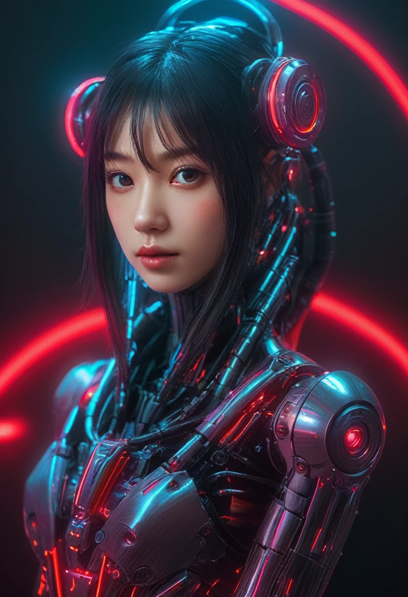 xxmixgirl. Highly detailed professional 35mm film, bokeh, face in sharp focus. A robotic female, Miku, with ((metal skin)), ((perfect Asian eyes)) with magenta irises and ((black pupils)), beautiful serious (detailed face), 18 year old ((photorealistic face)), very long magenta twin tails of magenta hair, twin black hair ties with a single red stripe. She may have a black audio headpiece. We can see her ((full body)) down to her boot soles. Her outfit is a sleeveless collared light grey shirt, outlined in red around the frilled collar and hems. Shiny reflective ((metallic breast cups, dimpleless)), invisible nipples. She wears black sleeves with red hems that start around her upper arm and bellow out as the sleeves open and extend to her wrists, with wide trumpet red rimmed cuffs. She has perfect robotic (detailed hands). She wears a red colored tie with two horizontal solid parallel black lines halfway across. She wears a fabric black skirt with a horizontal red hem at the bottom all the way around; her (((black skirt wraps around her))) and ((her skirt completely covers)) her robotic waist and thighs. Tall black boots with red bottom soles, a red rim around the top at her thighs. Her mechanical shoulder joints are visible. We can see her robotic legs and robotic neck. Half of her is covered with shiny polished machinery. The background is a distant dark neon futuristic Japanese city, gold, cyan, violet neon, near harbor or mountains.