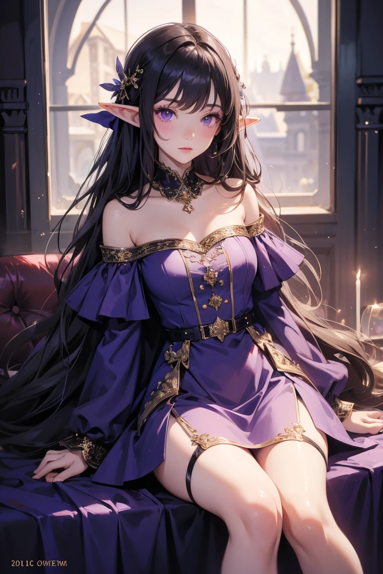 Off-the-shoulder dress,masterpiece, Highest quality, High resolution, 1 Girl, Super High resolution, alone, stockings, Purple eyes, , Long Hair, bangs,Three people,Elf
