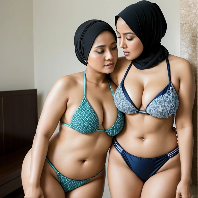 2woman, Old, Hijab Indonesian mature woman, Big  : bikini,love suit,curvy body, full body, sharing lustful kiss, hug and groping bteas, professional shot, at doctor hot.