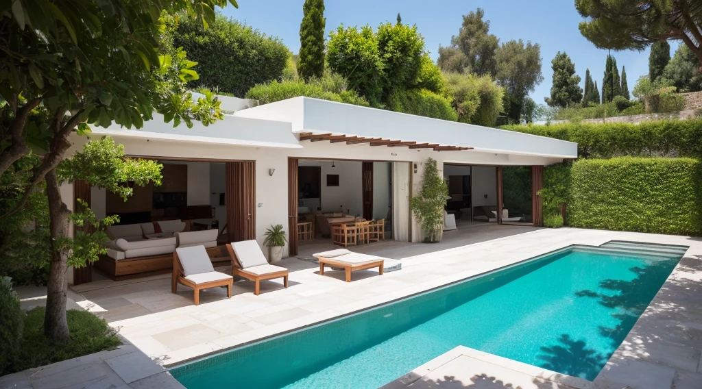 Image de villas exterieur, style tadao ando et campo baeza, des villas blanches pour riches avec mega piscine longutudinale sous forme tres longues et tres mince, avec plein de palmier marocain, et jne vegetation style andalouse ( citronier, oranger, grenadine, plein de palmier et d’olivier ) des baies vitrées style campo baeza er alvaro siza, image facades exterieur en persoective de une villa dans son jardin avec vue depuis la piscine et un barbecue marocain, du bejmat dans la piscine et du tek avec des nanas . Villas en longueur avec des baies vitrées enormes style richard neutra et farnaworth house avec une vwgetation marocaine . typé méditerranéen . Villa style farnsworth et mario botta, valerio olgiati. Une longue facade de 30 m. Villa style villa alem de olgiati et style edouardo souto de moura, avec des musharabieh en beton . Avec un style villa plein pied et juste des elements qui montent au 1 er etage ( cheminee, chambre, patio ) style mies van der rohe