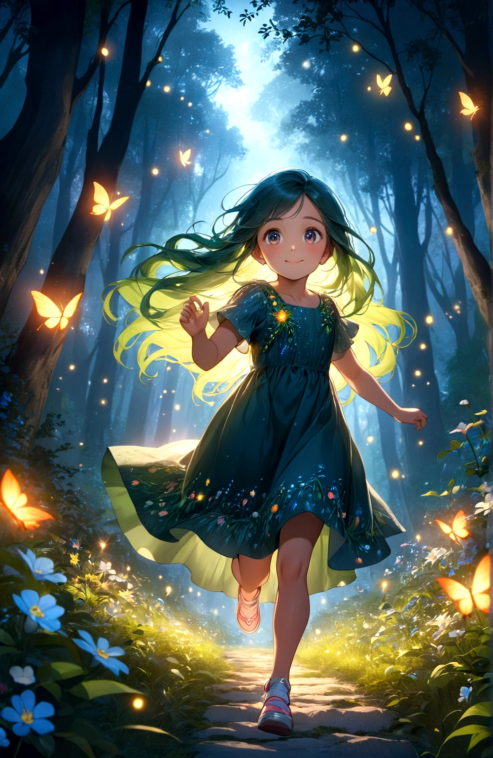 A happy little girl running through a forest at night, flowers on the path, mystical forest scene, detailed face and eyes, long flowing hair, beautiful detailed dress, moonlight, glowing fireflies, lush greenery, fantasy, cinematic lighting, vibrant colors, photorealistic, 8k, high resolution, masterpiece