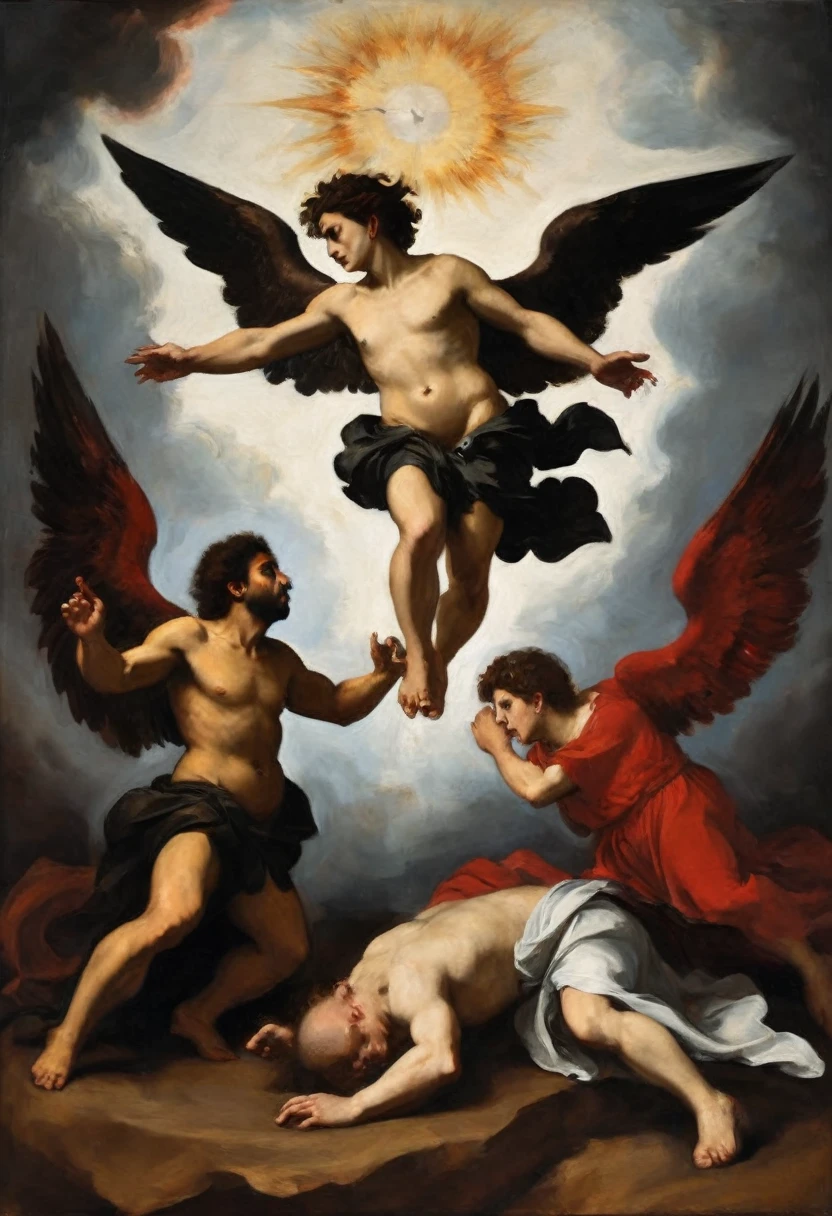 the consolation of the fallen angel, fight in heaven and hell, the anger of god, masterpiece, full details, Caravaggio style painting