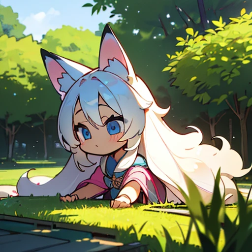 (best quality,4k,8k,highres,masterpiece:1.2),ultra-detailed,(realistic,photorealistic,photo-realistic:1.37),cute,solo girl with white long wavy hair,blue eyes,fox ears,fluffy fox tail,summer time in Japan,beautiful garden scenery,lush greenery,colorful