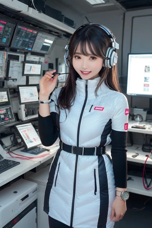 masterpiece, Highest quality, Very detailed, 8K Portrait,Japanese Android Girl,plump , Control panel,Robotic arms and legs, Blunt bangs,,break (Metallic Gray, Metallic luster, Mirror finish, Astro Best):5,headphone:5,break (Black sleeves):100,Smart Watches,Futuristic space station,Control Room,break headphone,blue eyes,(Black Hair):2,(Long Hair):1.3,Displaying the viewer,(respirator),break blush:3,Hidden Hand,smile