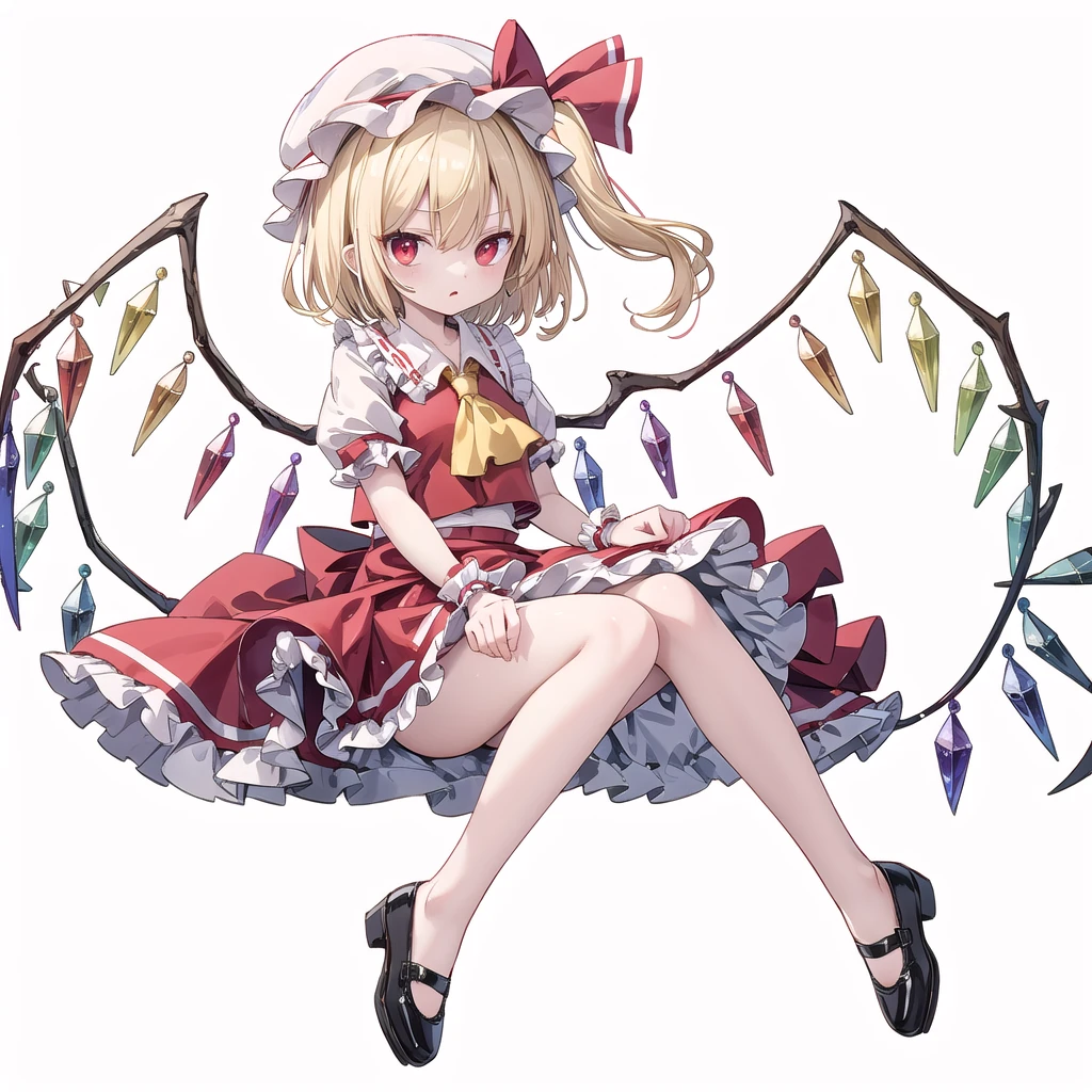 (((one women))),(((flandre scarlet))),(touhou), red eyes, short hair, medium hair, blonde hair, one side up, red eyes, slit pupils, fang, wings, crystal, white headwear, mob cap, red vest, white shirt, collared shirt, frilled shirt collar, yellow ascot, puffy short sleeves, frilled sleeves, wrist cuffs, red skirt, skirt set, frilled skirt, red ribbon, hat ribbon, back bow, white bow, laevatein (touhou), holding,(((full body))),(((model posing))),(((white background))),(((Diagonal angle)))