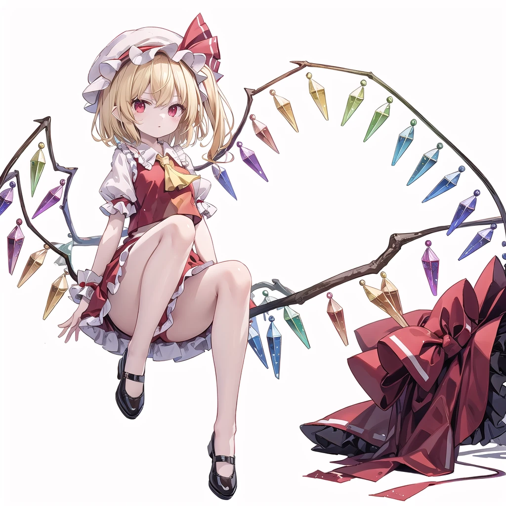 (((one women))),(((flandre scarlet))),(touhou), red eyes, short hair, medium hair, blonde hair, one side up, red eyes, slit pupils, fang, wings, crystal, white headwear, mob cap, red vest, white shirt, collared shirt, frilled shirt collar, yellow ascot, puffy short sleeves, frilled sleeves, wrist cuffs, red skirt, skirt set, frilled skirt, red ribbon, hat ribbon, back bow, white bow, laevatein (touhou), holding,(((full body))),(((model posing))),(((white background))),(((Diagonal angle)))