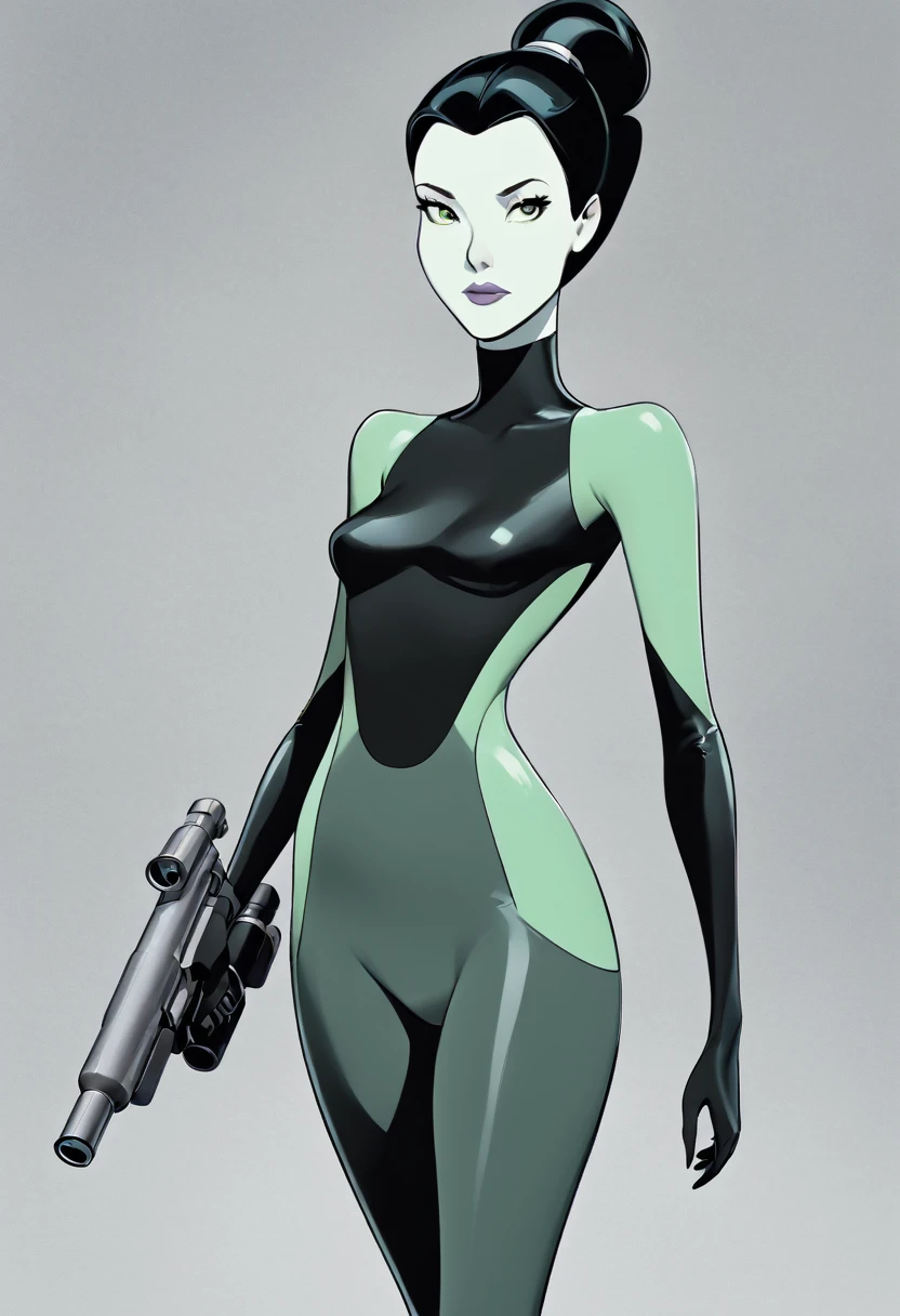 cartoon thin woman, long neck, long black hair, pale green skin, wearing a sci-fi diving suit. she is armed with an arm cannon, on her suit by her waist are some small gray circles 