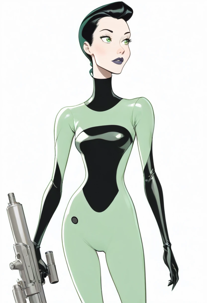 cartoon thin woman, long neck, long black hair, pale green skin, wearing a sci-fi diving suit. she is armed with an arm cannon, on her suit by her waist are some small gray circles 