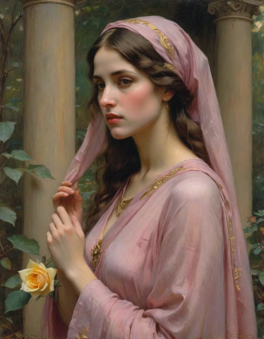 Masterpiece, ((realistic)), (propaganda poster), (((by John William Waterhouse))), ((((profile portrait of a veiled roman woman, young, priestess, dignified, wearing pink and yellow silken robes, detailed moth and rose elements, muted colors)))), (((corinthian columns with moth elements, jungle background, mauve moths)))
