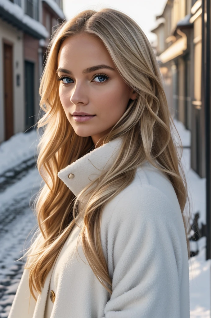 proFessional portrait photograph oF a gorgeous Norwegian girl in winter clothing with long wavy blonde hair, sultry Flirty look, gorgeous symmetrical Face, lindo maquillaje natural, wearing elegant warm winter Fashion clothing, ((parado afuera en una calle nevada de la ciudad)), impresionante entorno urbano moderno, ultra realista, arte conceptual, elegant, muy detallado, Intrincado, sharp Focus, depth oF Field, F/1. 8, 85mm, Tiro medio, plano medio, (((proFessionally color graded))), bright soFt diFFused light, (volumetric Fog), tendencia en instagram, hdr 4k, 8k