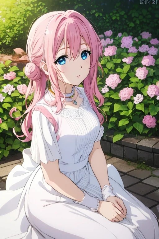 Long 
pink hair, blue eyes, pink lips, white dress, pastel colors, she's in a garden.  