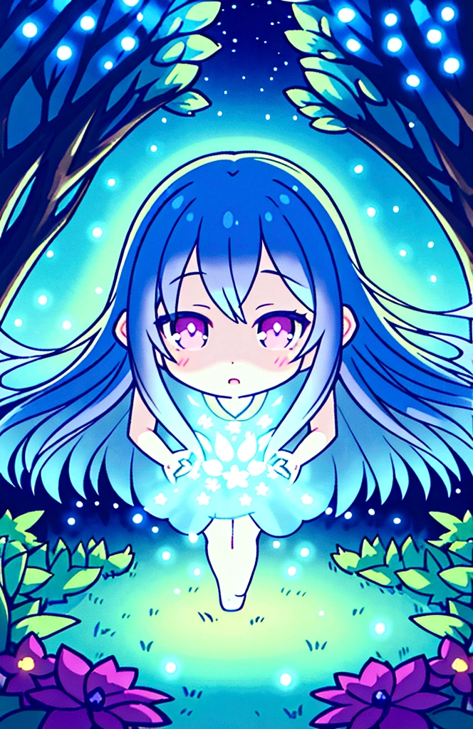 a running through a magical forest at night, colorful flowers along the path, happy and carefree expression, moonlight illuminating the scene, detailed facial features, long flowing hair, intricate dress, photorealistic, cinematic lighting, vibrant colors, fantasy, ethereal atmosphere