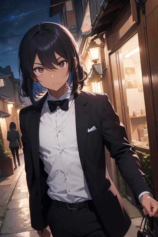 25 year old male with Brazilian features, specifically dark-skinned Bahian, , decked out in formal attire. the night comes, casting a silvery hue over the grounds of your home. (From a frontal angle), not anime style, her dark, curly hair stands out against the vibrant backdrop of her residence. (subtle details), talking on the cell phone with your girlfriend. (dynamic angle), Influenced by anime art from manga-inspired artists like Angelo Bernardo and Fabio Moon, the scene exudes the urban atmosphere of a busy home. (Inspired by anime artists)