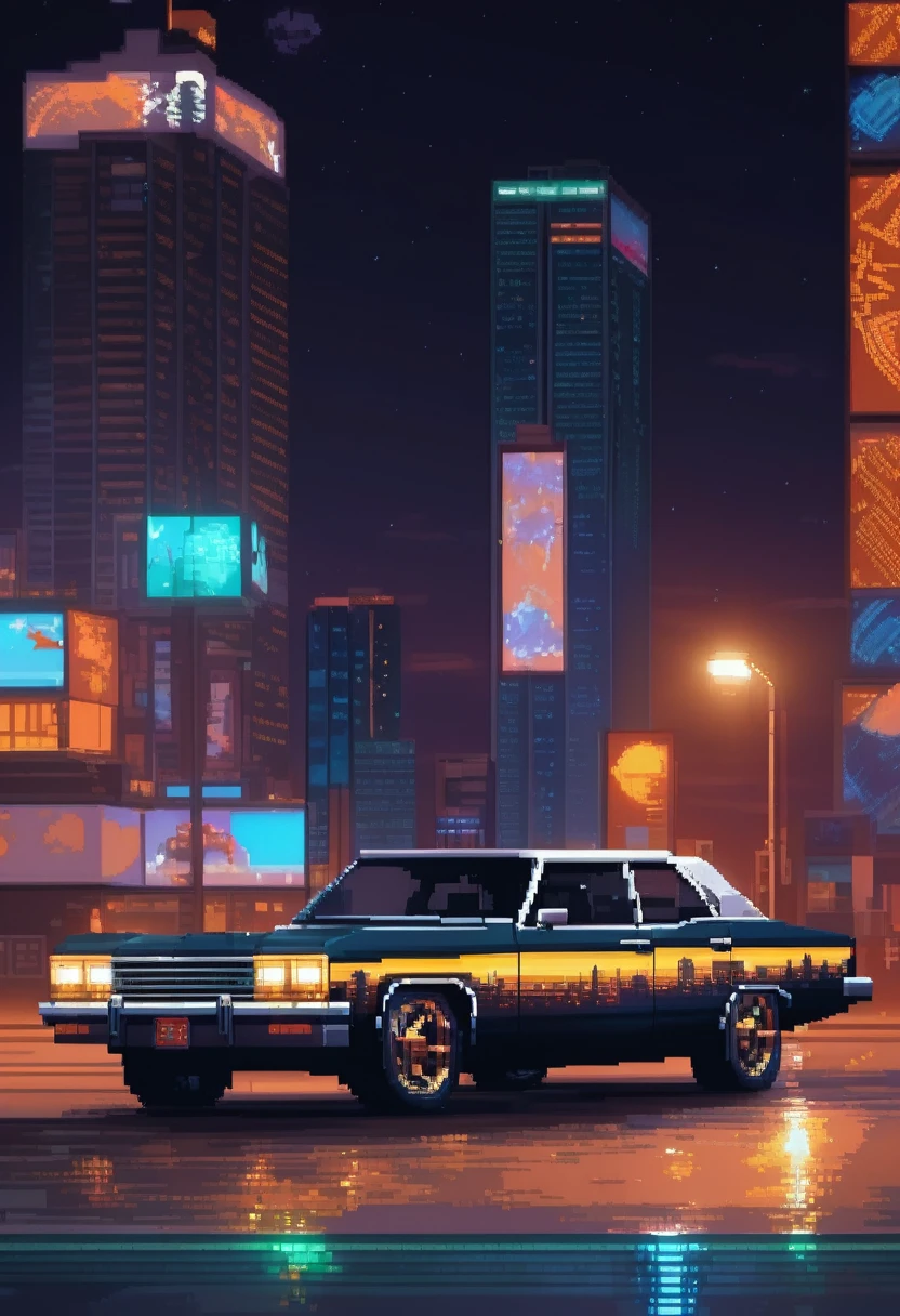 ((Pixel art)),Impala Photos,With the night city as the background,(8K, original photo, best quality, Main part:1.2),Hot topics on artstation,video game art,