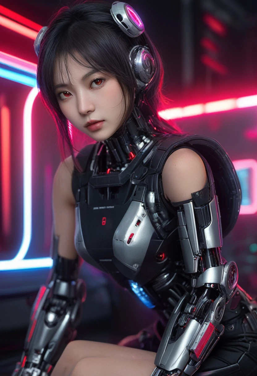 xxmixgirl. Highly detailed professional 35mm film, bokeh, face in sharp focus. A robotic female, Miku, with ((metal skin)), ((perfect Asian eyes)) with magenta irises and ((black pupils)), beautiful serious (detailed face), 18 year old ((photorealistic face)), very long magenta twin tails of magenta hair, twin black hair ties with a single red stripe. She may have a black audio headpiece. We can see her ((full body)) down to her boot soles. Her outfit is a sleeveless collared light grey shirt, outlined in red around the frilled collar and hems. Shiny reflective ((metallic breast cups, dimpleless)), invisible nipples. She wears black sleeves with red hems that start around her upper arm and bellow out as the sleeves open and extend to her wrists, with wide trumpet red rimmed cuffs. She has perfect robotic (detailed hands). She wears a red colored tie with two horizontal solid parallel black lines halfway across. She wears a fabric black skirt with a horizontal red hem at the bottom all the way around; her (((black skirt wraps around her))) and ((her skirt completely covers)) her robotic waist and thighs. Tall black boots with red bottom soles, a red rim around the top at her thighs. Her mechanical shoulder joints are visible. We can see her robotic legs and robotic neck. Half of her is covered with shiny polished machinery. The background is a distant dark neon futuristic Japanese city, gold, cyan, violet neon, near harbor or mountains.