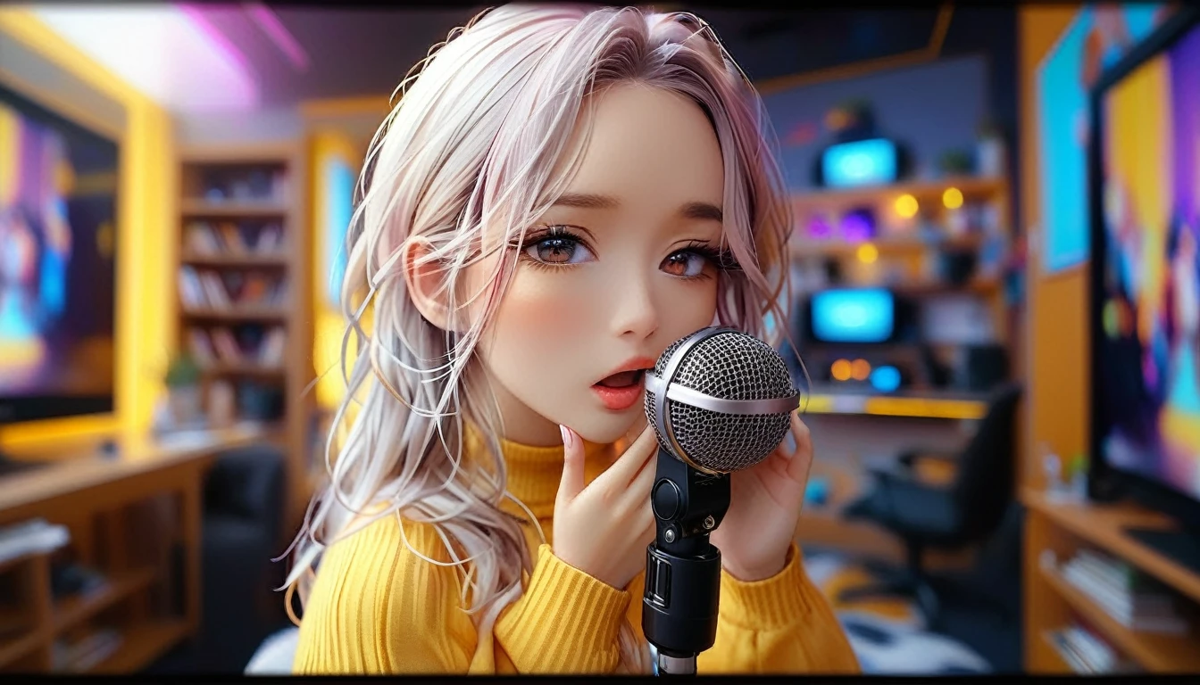 Video still image of a Beautiful girl looking inside the camera, she is an ASMR YouTuber, she is whispering at a profesional microphone, her hands are visible, she is touching the mic. In the background ther is colored led light in the roo, bokhe blurred. 4k image quality, 16:9 ratio, horizontal format.