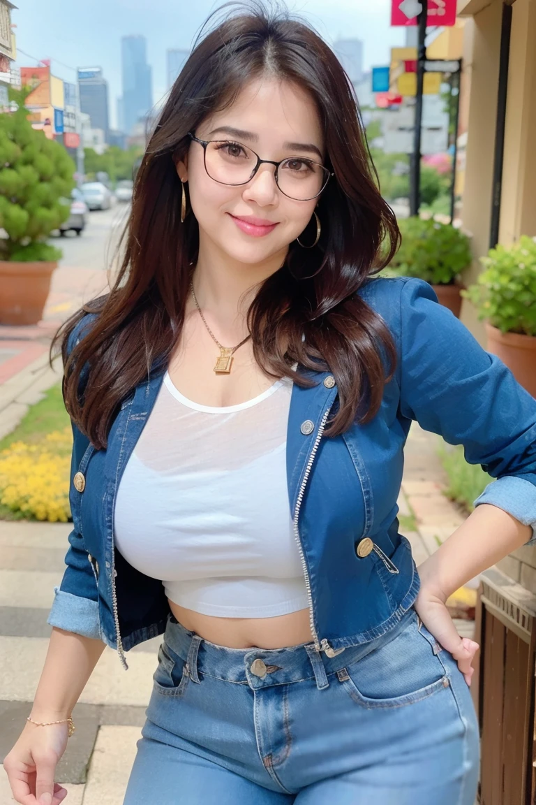 1girl chubby, long hair, looking at viewer, smile, black colar jacket, white shirt with cleavages , silhouette shape of her large breast, black hair messy, crop top, brown eyes, large jewelry, large earrings, standing, glasses,  pants, necklace, mole on her chests, see-through shirt, multiple views, buttons, ring, denim, black-framed eyewear, mole on breast, jeans, realistic, background off tall building