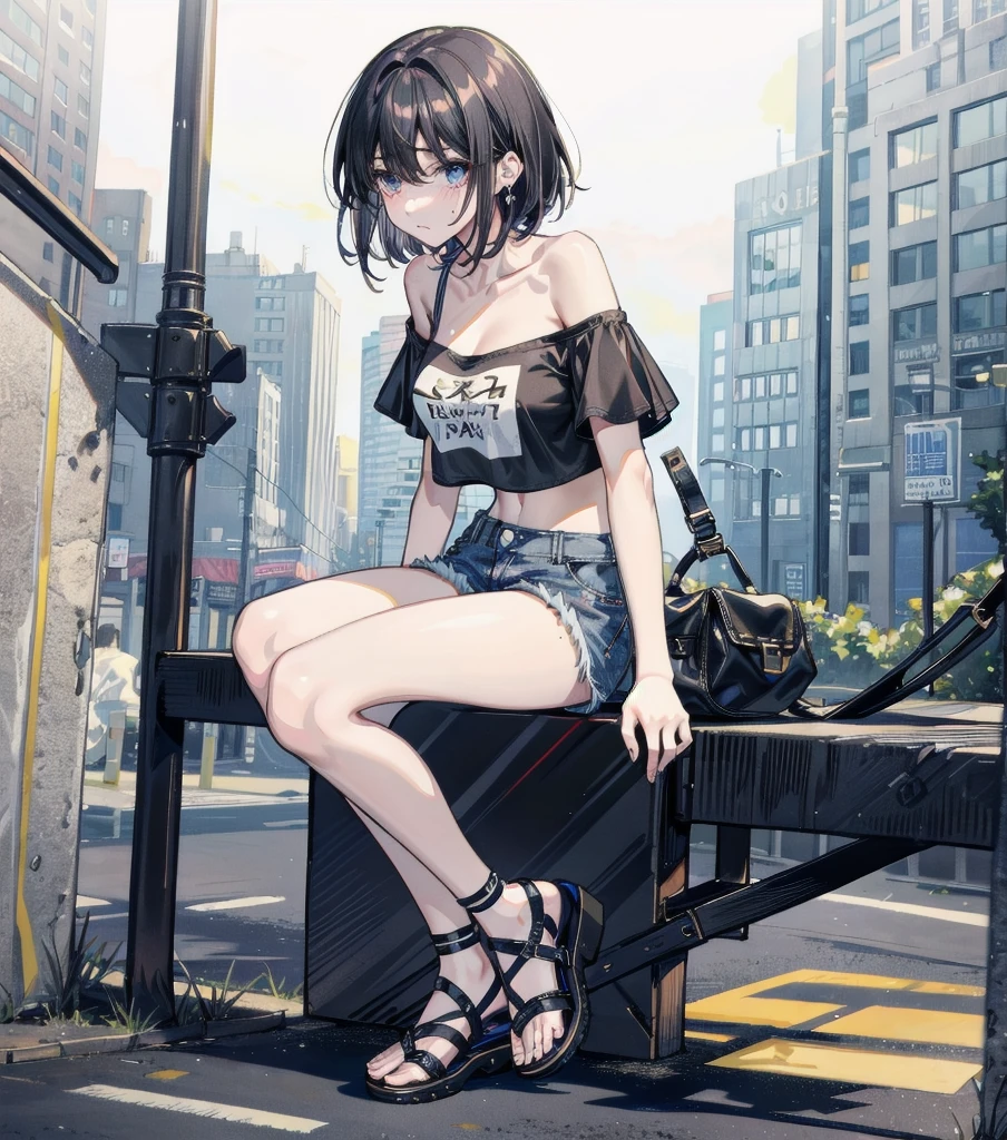 ((((absurdres, RAW photo, extremely delicate and beautiful, masterpiece, Best Quality, ultra high resolution, 32k, hyperrealistic, ultra-detailed)))), in her 20s, very Slim body, narrow waist, very small head, very small face, delicate facial features, beautiful face, beautiful eyes, ((very huge round tits)), medium hair, black hair, wavy hair, tearful mole, earring, full body shot, tank top shirt, cargo pants, shorts, street,