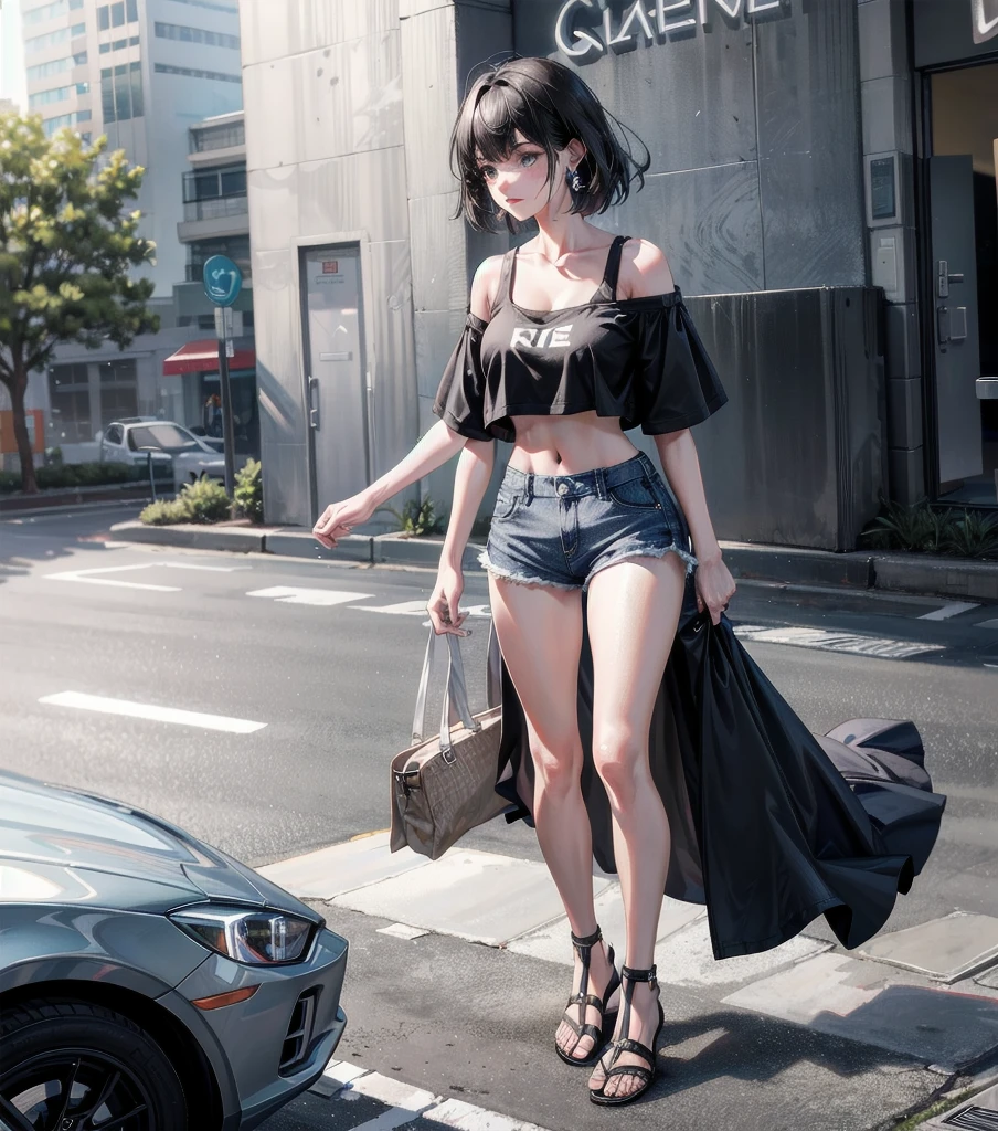 full body, solo, alone, delicate facial features, medium tits, medium hair, black hair, tearful mole, earring, t-shirt, crop top, off-shoulder, Hot Pants, sandal, street,