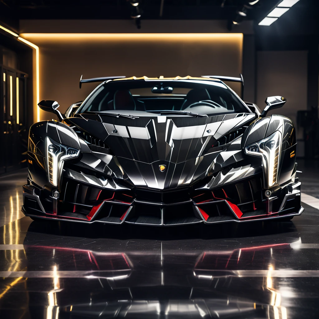 a highly detailed, photorealistic, 8k image of a lamborghini veneno, glossy black paint, intricate carbon fiber body, dynamic low angle view, dramatic lighting, cinematic composition, hyperrealistic details, complex mechanical components, gleaming chrome accents, flawless surface finish, powerful and aggressive sports car design, meticulously rendered, masterpiece