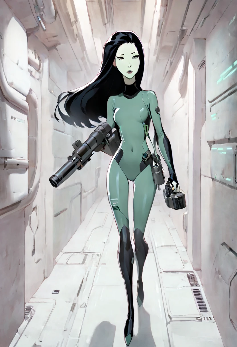cartoon thin woman, long neck, long black hair, pale green skin, wearing a sci-fi diving suit. she is armed with an arm cannon. She is breathing heavily walking down a dark sci-fi corridor