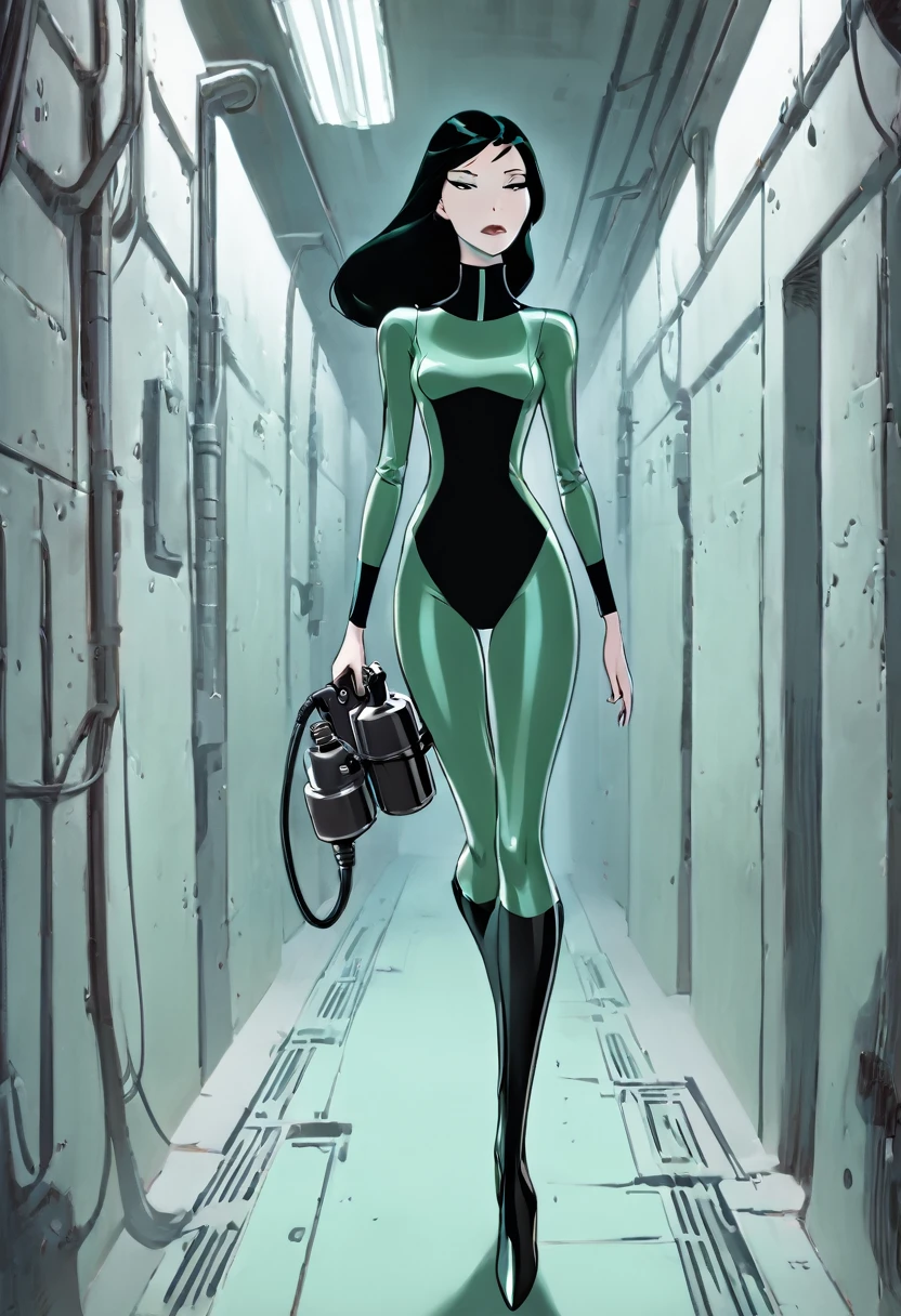 cartoon thin woman, long neck, long black hair, pale green skin, wearing a sci-fi diving suit. she is armed with an arm cannon. She is breathing heavily walking down a dark sci-fi corridor 