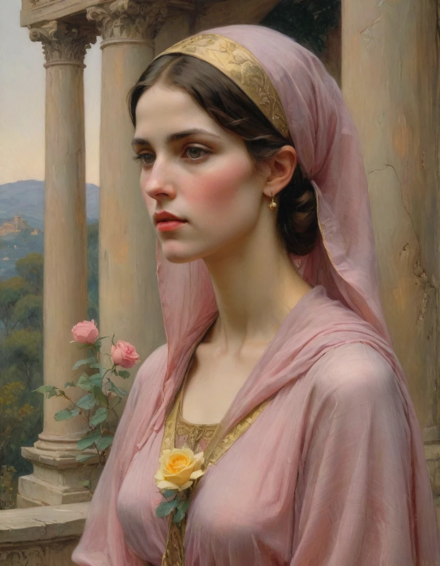 Masterpiece, ((realistic)), (propaganda poster), (((by John William Waterhouse))), (((Moebius Jean Giraud))), ((((profile portrait of a veiled roman woman, young, priestess, dignified, wearing pink and yellow silken robes, detailed moth and rose elements, muted colors)))), (((corinthian columns with moth elements, jungle background, mauve moths)))