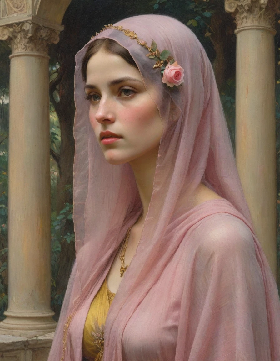 Masterpiece, ((realistic)), (propaganda poster), (((by John William Waterhouse))), (((Moebius Jean Giraud))), ((((profile portrait of a veiled roman woman, young, priestess, dignified, wearing pink and yellow silken robes, detailed moth and rose elements, muted colors)))), (((corinthian columns with moth elements, jungle background, mauve moths)))
