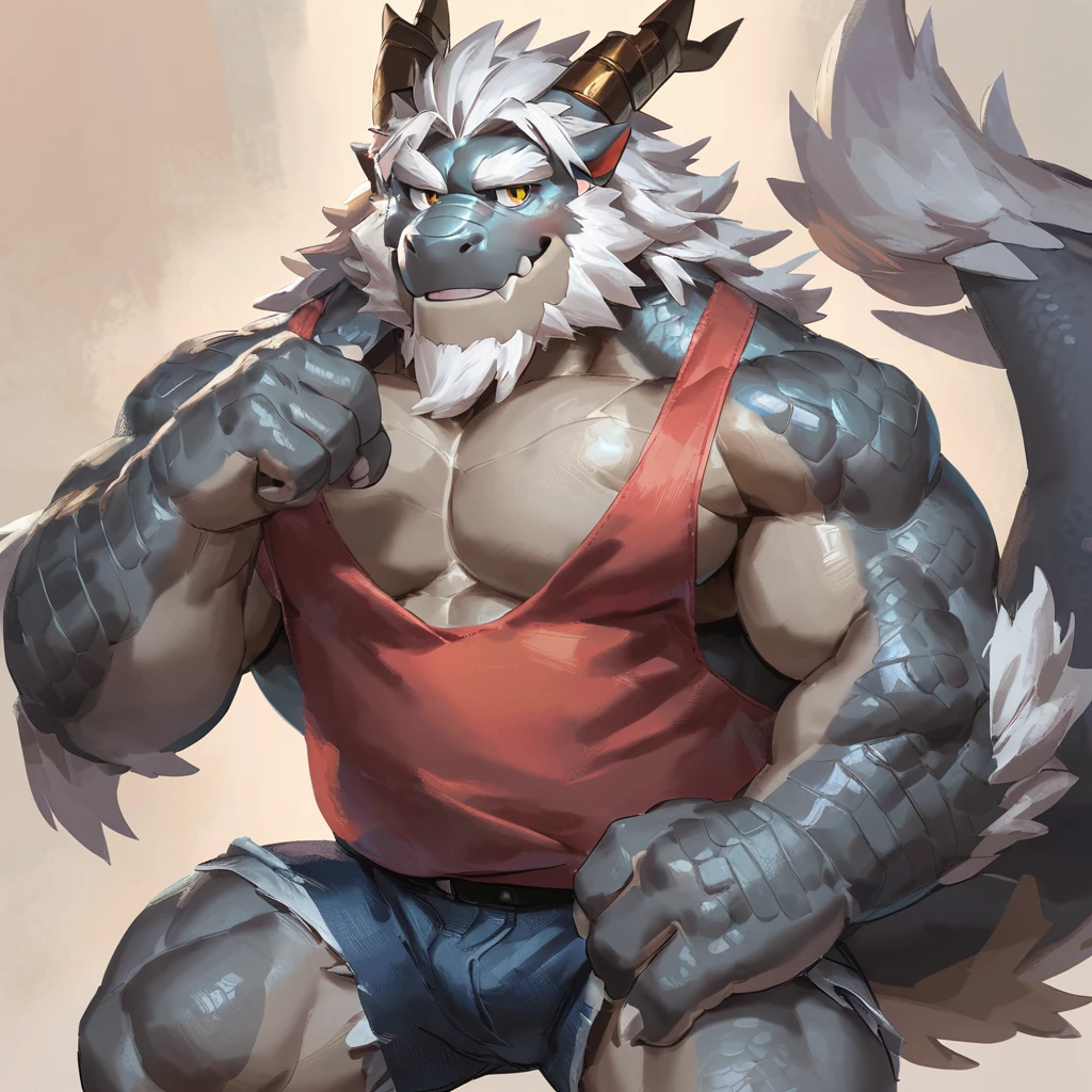 (artist: noku13456, jacketbear, dangpa, null-ghost, lindong, takahirosit),male, sfw, eastern dragon, , bara, big chest, simple bg, one fluffy tail, old man, fluffy mane, , grey body, white hair, solo, scales, detailed scales, tank top, jeans shorts, dragon horns, yellow iris, big eyes, white beard, fluffy hair, detailed face:2.0, one tail, masterpiece:2.0, perfect eyes:2.0, good anatomy:2.0