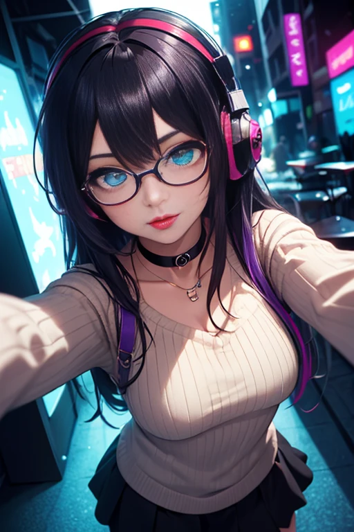 ((best quality)), ((masterpiece)), ((detailed eyes)), perfect face, female, gamer girl, aqua eyes, cherry-red lips, light smile, long black hair, purple streaked hair, wearing headphones, bangs, ribbon, choker, nerdy glasses, she is wearing a bikini, large breasts, she is on four limbs on a bed, gamer girl's bedroom, nighttime, neon lights, colorful lights