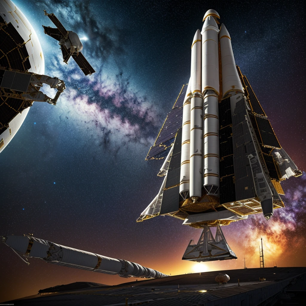 A huge spaceship,full body，(A longr spacecraft resembling the shape of an 7:1.5),Detailed hull details,Cosmic galaxy background,Escaped spaceship,((Best quality)), ((Masterpiece)), (Epic composition:1.2), (unreal 5 render:1.1)