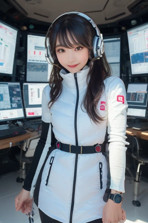 masterpiece, Highest quality, Very detailed, 8K Portrait,Japanese Android Girl,plump , Control panel,Robotic arms and legs, Blunt bangs,,break (Metallic Gray, Metallic luster, Mirror finish, Astro Best):5,headphone:5,break (Black sleeves):100,Smart Watches,Futuristic space station,Control Room,break headphone,blue eyes,(Black Hair):2,(Long Hair):1.3,Displaying the viewer,(respirator),break blush:3,Hidden Hand,smile