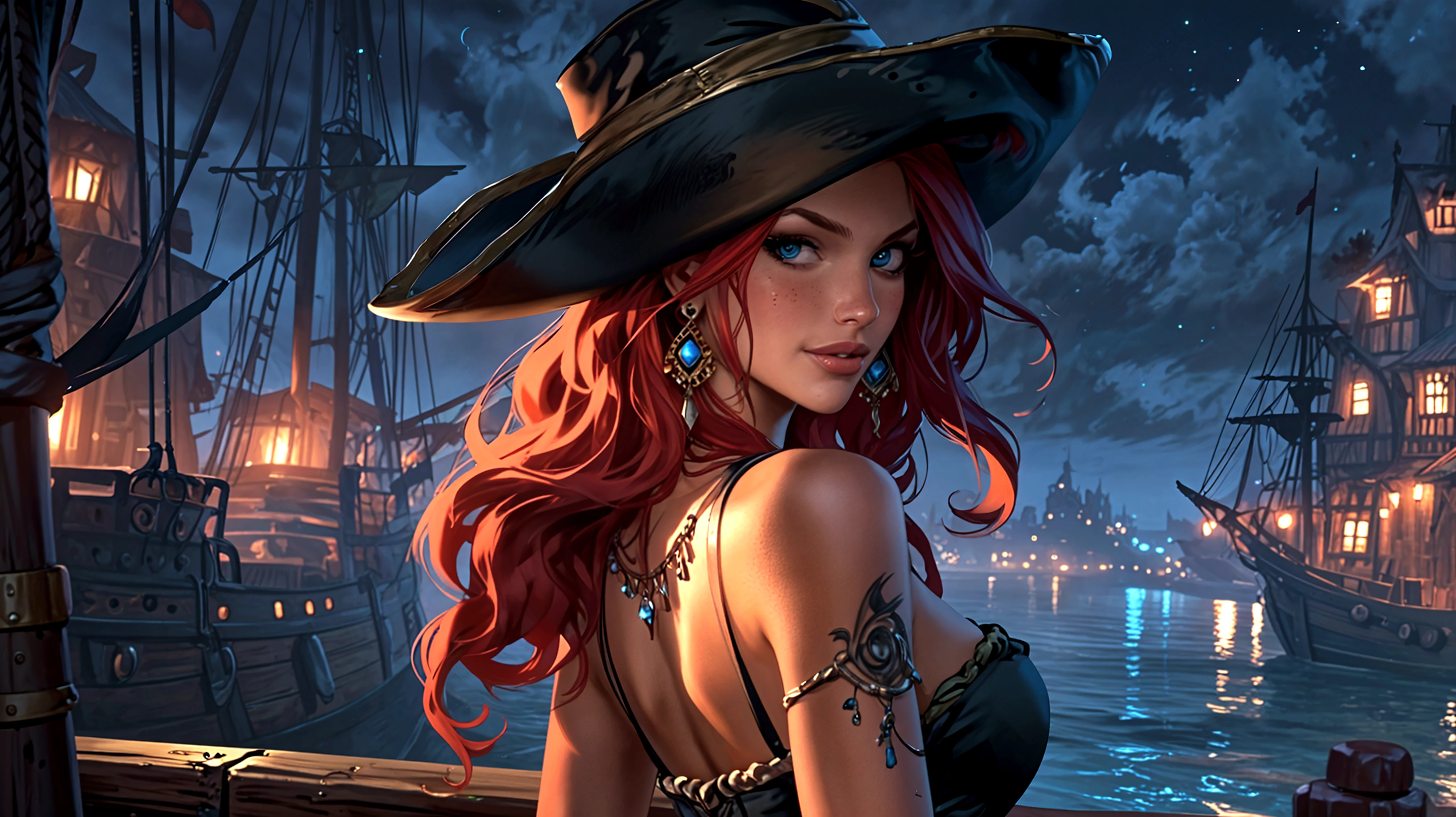 hair, penetrating gaze, furrowed eyebrows, serious look, looking at the viewer, close-up on the woman's face beautiful Kate Beckinsale, wearing antique costume, brown leather tricorne, tricorne on her head, tricorne covering her forehead, pirate tricorne, pirate style outfit, brown leather bodice, dynamic, highly detailed,
long-sleeved shirt, brown long-sleeved shirt, long brown shirt, two belts crossing the girl's torso, bandolier forming an x, red scarf around the neck, bullet belt, red scarf around the neck, leather belt crossed at the waist, dark night , dark night, crescent moon behind the beauty, Kate Beckinsale, crescent moon behind the beautiful girl, cinematic lighting, horror scene. dark night, dark sky, sky with black clouds