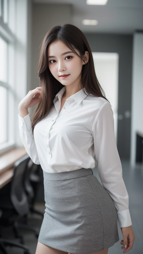 (1young girl), gentle face, (round eyes:1.2), (highly detailed face), smile, Amazing face and eyes, (Best Quality:1.4), (Ultra-detailed), (extremely detailed CG unified 8k wallpaper), Highly detailed, High-definition raw color photos, Professional Photography, Realistic portrait, Amazing face and eyes, indoors, office, (office lady, Tight Skirt:1.3), (A moment of relaxation), model, depth of fields, (fine face:1.2),
