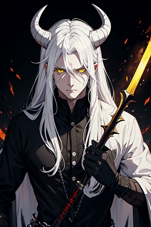 Yellow eyes demon. Horns and white hair. He carries a necromancer's staff. And gold-trimmed clothing