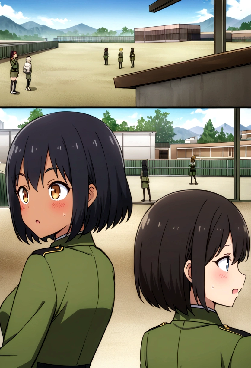 Highest quality、high resolution、Detailed Description、Detailed Background、Accurate depiction、animeスタイル、anime、Four Girls、More than one person、元気なFour Girls、Dark Skin、uniform、army base、Headquarters Interior、Training Facilities、Chat、chatting、Black Short Hair、Big eyes、cute、Asahi、View of the shooting range and mountains