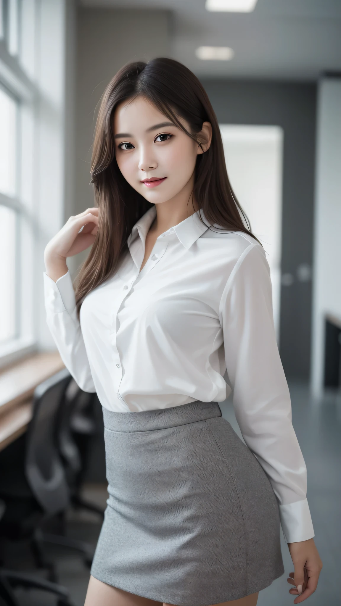 (ung girl), gentle face, (round eyes:1.2), (highly detailed face), smile, Amazing face and eyes, (Best Quality:1.4), (Ultra-detailed), (extremely detailed CG unified 8k wallpaper), Highly detailed, High-definition raw color photos, Professional Photography, Realistic portrait, Amazing face and eyes, indoors, office, (office lady, Tight Skirt:1.3), (A moment of relaxation), model, depth of fields, (fine face:1.2),
