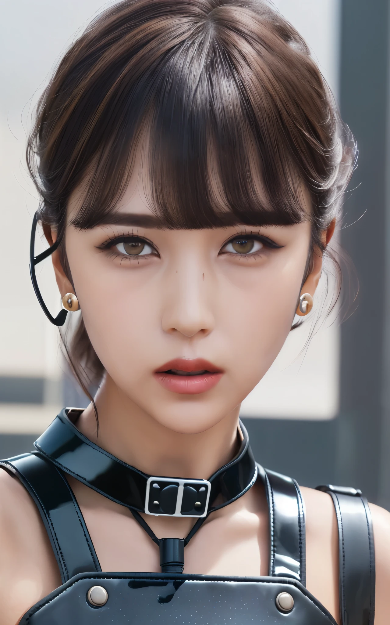 dressed, (photo realistic:1.4), (hyper realistic:1.4), (realistic:1.3), (smoother lighting:1.05), (Improve the quality of cinematic lighting:0.9), 32k, 1girl:1.2, 17 year old girl, realistic lighting, Backlight, light shines on your face, ray tracing, (bright light:1.2), anatomically correct proportions, (Improvement of quality:1.4), (Highest quality realistic textured skin:1.4), (detailed eyes), (black eye), detailed face, high quality eyes, (Tired, sleepy and satisfied:0.0), (((close up of face))), ((wblack latex tube dress likes police uniform, wearing high-tech headset, military harness:1.15)), japanese girl, (Enhance the mood of your body line:1.1), (Enhances the beauty of skin texture:1.1), (light makeup:1.5]], eyeliner), hair dancing in the wind, brown hair, chignon hair, ((bright dark short (bangs swept to the side), very detailed)),